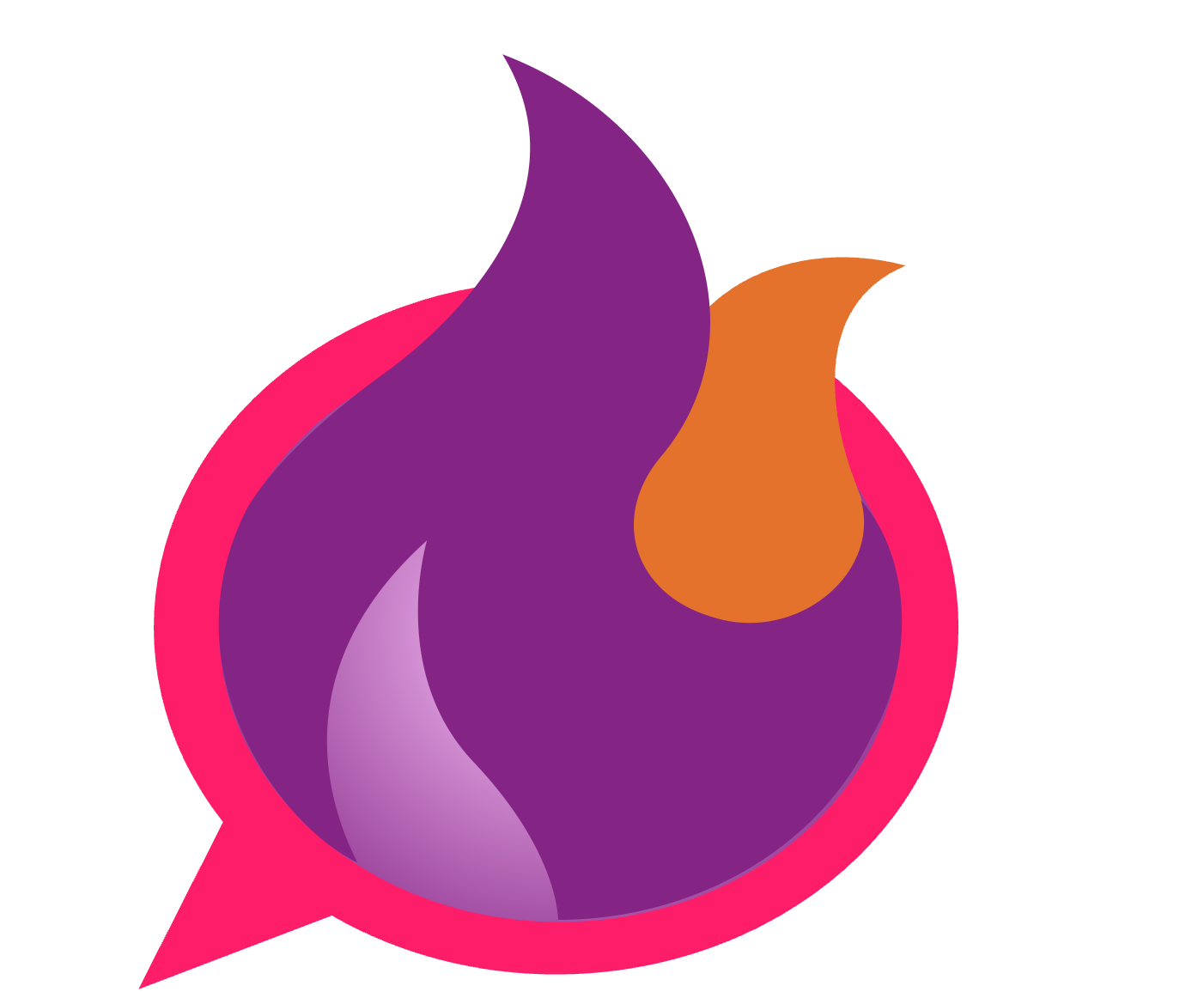 A pink chat bubble with a purple and orange flame inside of it